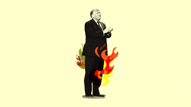 A photo illustration of Donald Trump with his pants on fire