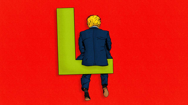 Illustration of Donald Trump sitting on a big L