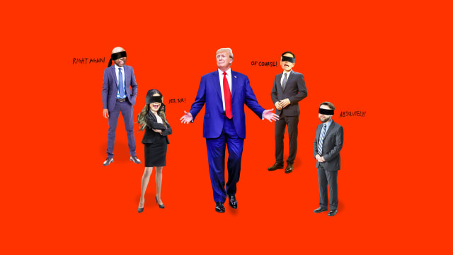 A photo illustration of Donald Trump surrounded by blindfolded potential VP picks