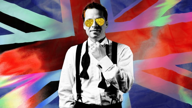 An illustration including a Union Jack behind a man wearing gold glitter aviators