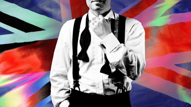 An illustration including a photo of a man in front of a union jack 