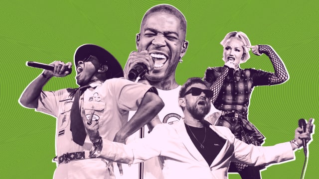 A photo illustration showing Kid Cudi, No Doubt, Blur and Tyler the Creator performing at Coachella 2024.