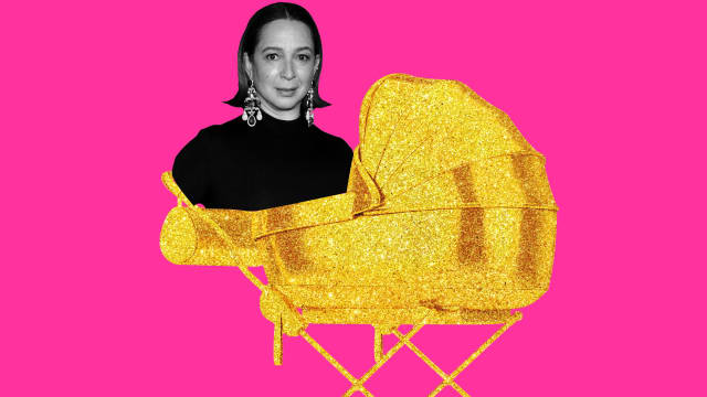 A photo illustration showing Maya Rudolph in a golden nepo-baby stroller.
