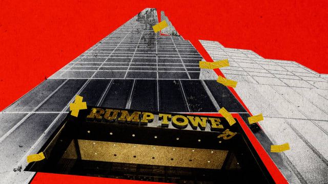 Photo illustration of a taped together Trump Tower