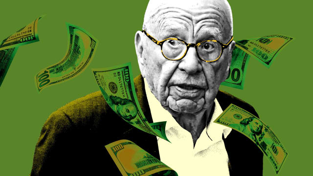 A photo illustration of Rupert Murdoch with money blowing around him