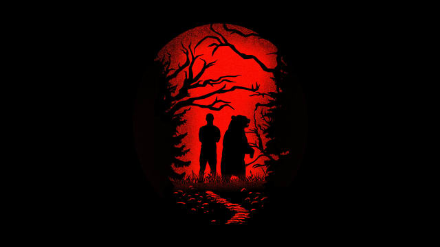 Illustration of a man and a bear with creepy trees around them in the woods, silhouetted