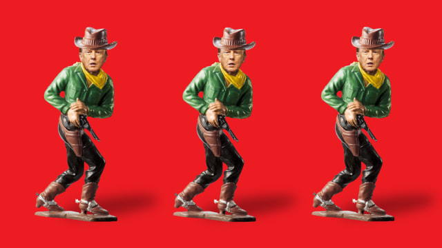 A photo illustration of Donald Trump as a toy cowboy