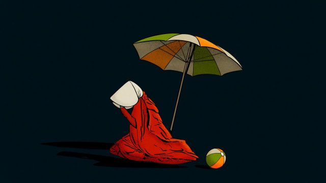 Illustration of a Handmaid's Tale woman sitting sadly on the ground with her head in her hand with a beach umbrella and ball 