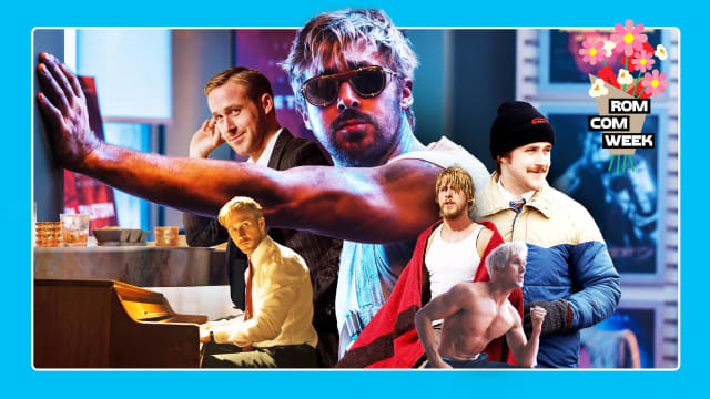 A photo illustration of Ryan Gosling from his various rom coms