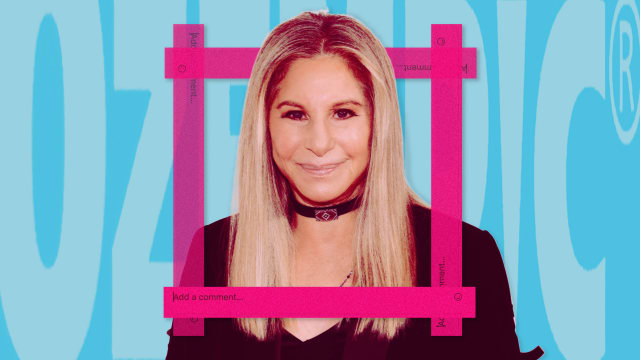 A photo illustration showing Barbara Streisand in a frame of the Instagram comments graphic with the Ozempic logo in the background.