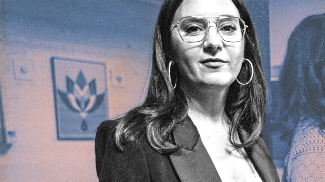 A photo illustration of Bari Weiss
