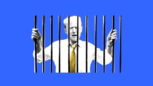 A photo illustration of Donald Trump behind bars
