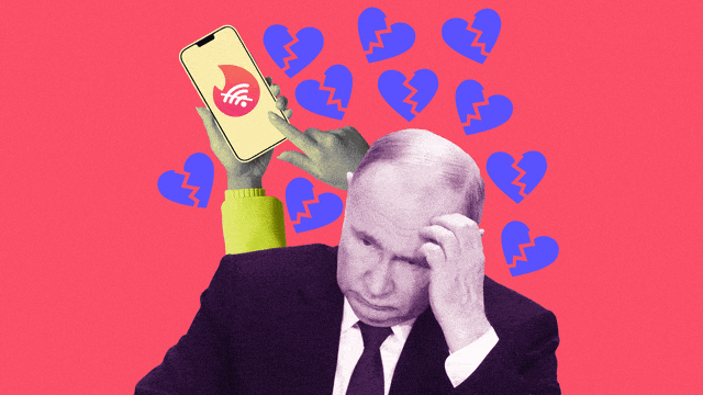 An animated gif of Russia President Putin, broken hearts, and a phone with Tinder app.