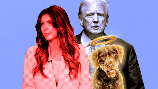 A photo illustration of Kristi Noem, Donald Trump, and an angel dog.