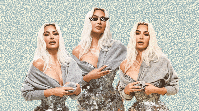Illustration of Kim Kardashian at the 2024 Met Gala with meme sunglasses floating down