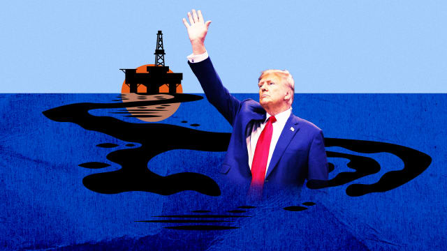 A photo illustration of Donald Trump floating in a oil spill in the ocean.