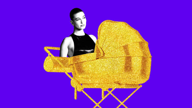 A photo illustration of Hailey Bieber in a gold stroller