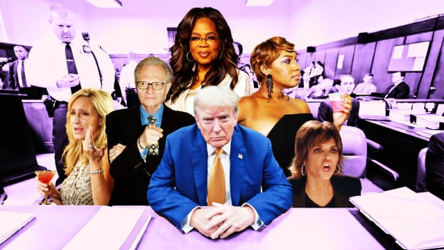 A photo illustration of Donald Trump in court with Oprah Winfrey, Larry King, and Real Housewives cast members