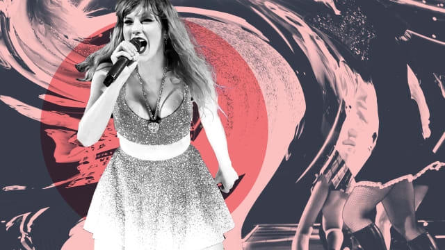 A photo illustration of Taylor Swift performing