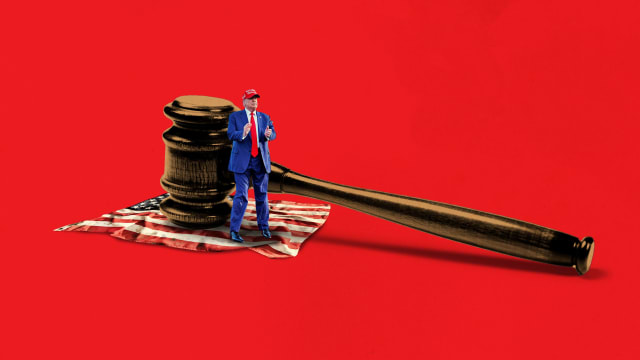 A photo illustration of Donald Trump and a giant gavel on a crumbled and dirty American flag