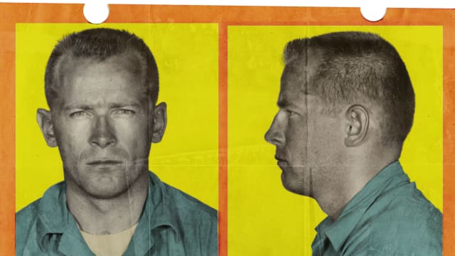 A stylized photo illustration of an early Whitey Bulger mugshot, in which the late gangster is portrayed as a surly young man.