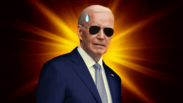 A photo animation of President Joe Biden with a drop of sweat and the sun.