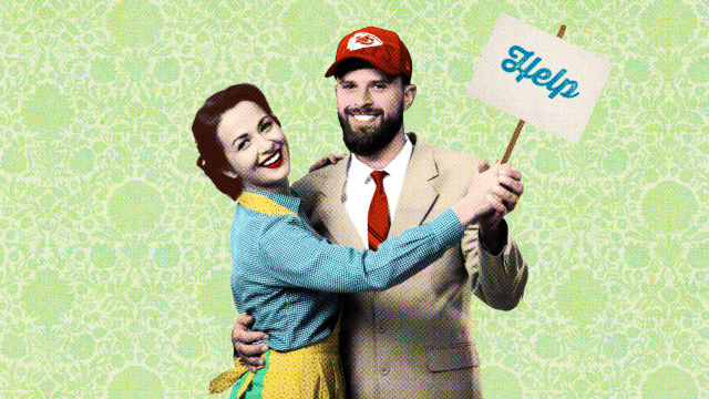 Photo illustration of Harrison Butker and a 1950s housewife holding a sign saying "help"