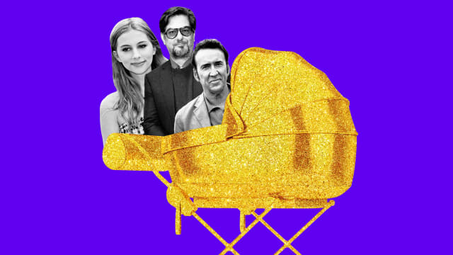 A photo illustration including Romy Mars, Roman Coppola, Nic Cage and a golden stroller