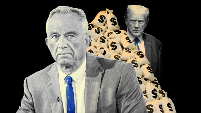 A photo illustration of RFK Jr., bags of money, and Donald Trump.