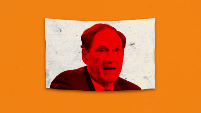 A photo illustration of Supreme Court Justice Samuel Alito on a flag.