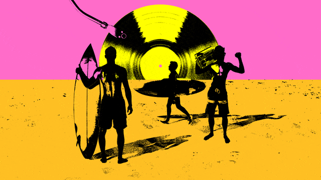 Illustrative gif looking like the Endless Summer poster but of surfers holding their board and a man holding a boom box with the sun a rotating record