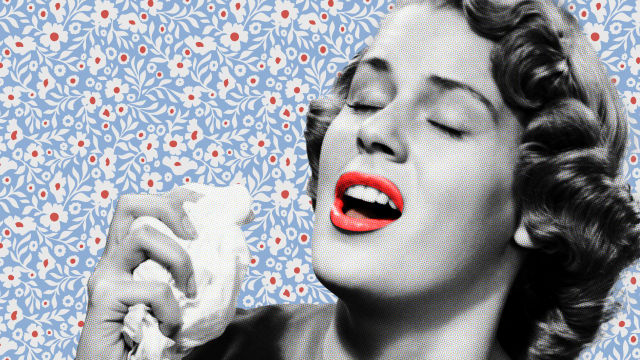 Photo illustration of a sick woman with red lips