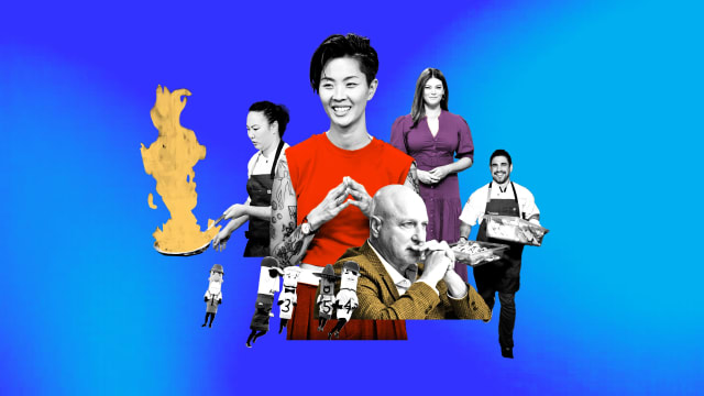 A photo illustration of Kristen Kish, Tom Colicchio, and Gail Simmons with contestants from Top Chef