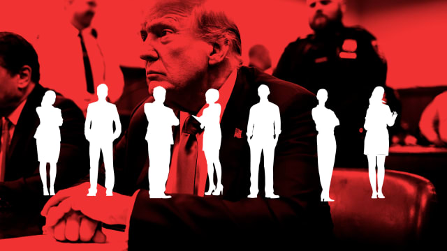 A photo illustration of Donald Trump inside of a courtroom with silhouettes of jurors in front of him.