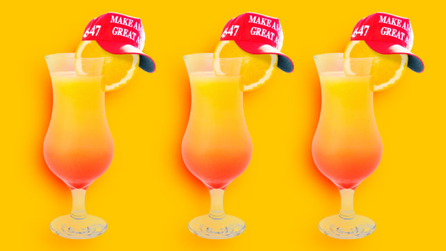 A photo illustration of tequila sunrise orange cocktails with red MAGA hats.