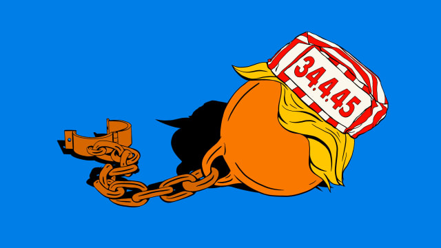 Illustration of an orange ball and chain with Donald Trump’s Hair and a red stripe prison cap with the numbers “34 4 45” on it