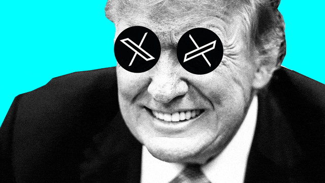 A photo illustration of Donald Trump with the X logo spinning over his eyes