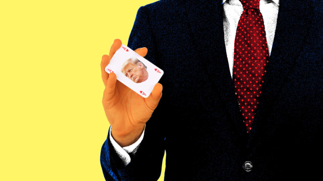 A photo illustration of a man holding a playing card with Donald Trump's face on it