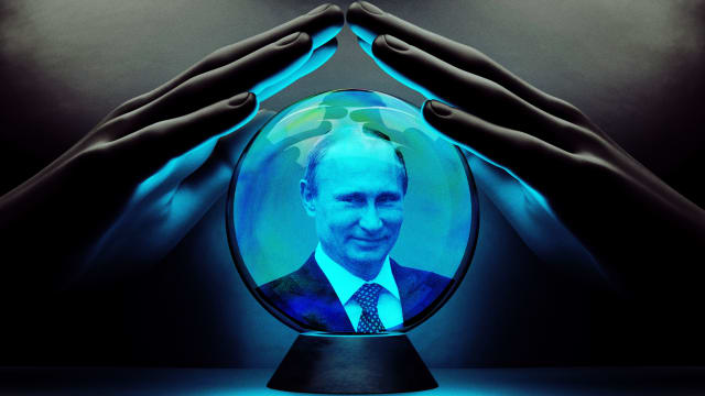 An illustration including a photo of Putin inside of a crystal ball