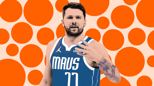 Photo illustrative gif of Luka Doncic waving his hand in front of his face with orange dot background.