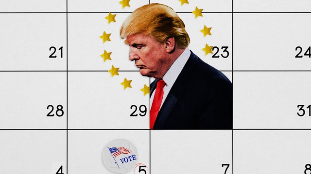 A photo illustration showing Donald Trump looking at the election day.