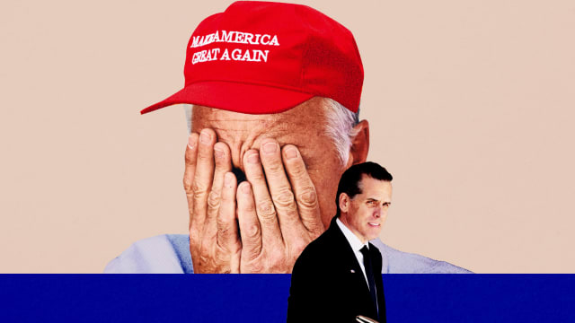 A photo illustration showing a man with a MAGA hat and Hunter Biden.