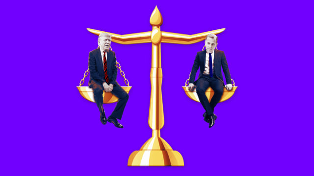 A photo illustration of Donald Trump and Hunter Biden sitting on the scales of justice.
