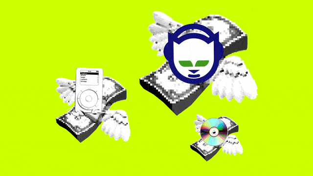 A gif of the Napster logo, an iPod, and a CD on the back of flying money