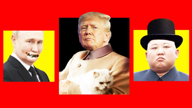 A photo illustration of Vladamir Putin, Donald Trump and Kim Jong Il as James Bond villains. 