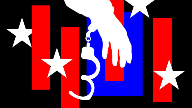 An illustration of a hand wearing a hand cuffs on one hand amidst a deconstructed american flag