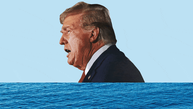 A photo illustration showing sea level rise around Trump as he speaks.