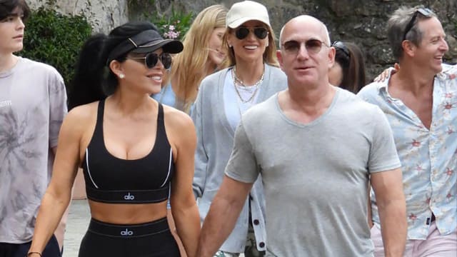 Jeff Bezos and Lauren Sanchez are seen out for a walk on June 13, 2023 in Portofino, Italy. 