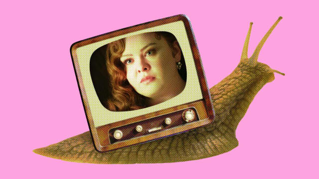 Photo illustration of an old tv on the back of a snail with a film still from Bridgerton