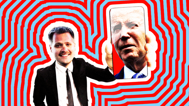 Jacob Schneider and Joe Biden with a blue, red, and white background